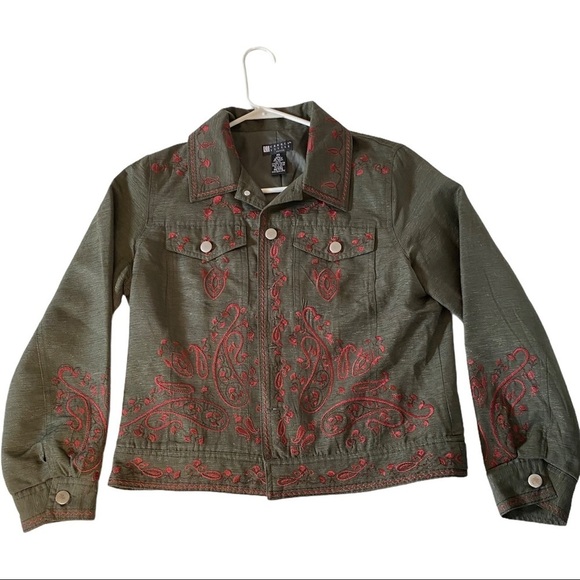 Carole Little Women Olive & Red Embroidered Silk Jacket Blazer Sz SP Shacket - Picture 4 of 11